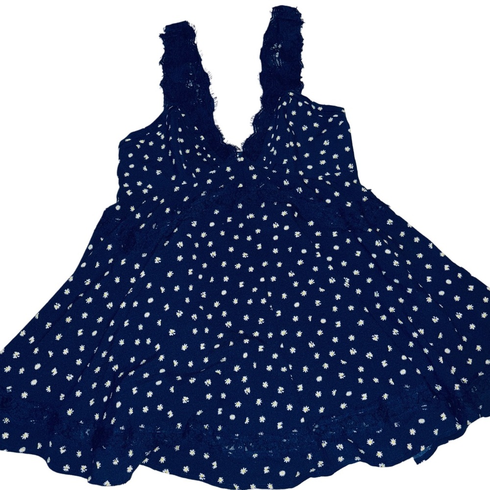 Altar’d State Navy Blue Daisy Floral Mini Babydoll Dress With Lace Trimming